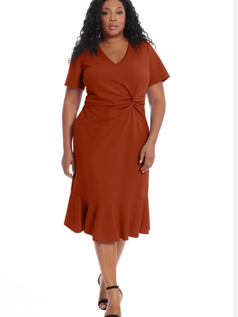 London Times Rust Knot-Detail V-Neck Midi Dress